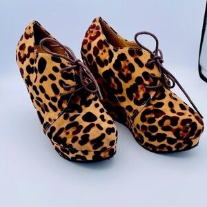 Leopard Wedge Platform Closed Toe Boots. Cheetah Shoes with Laces.